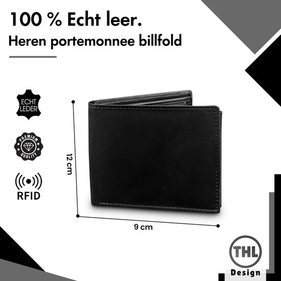 THL Design - Portefeuille Homme - Billfold - Portefeuille Cuir Homme - 10 cartes - Cuir Zwart