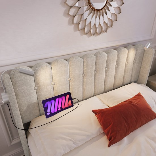 Merax Lit Double Rembourré 160x200 cm Comprenant Matras Mousse Froide 7 Zone - Lit avec Lampe de Lecture et Fonction Recharge de Téléphone - Espace de Rangement Hydraulique - Beige