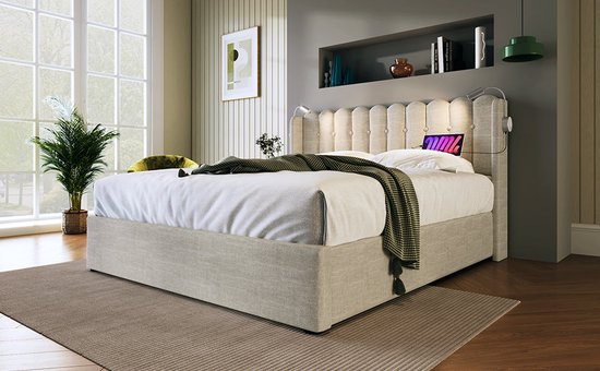 Merax Lit Double Rembourré 160x200 cm Comprenant Matras Mousse Froide 7 Zone - Lit avec Lampe de Lecture et Fonction Recharge de Téléphone - Espace de Rangement Hydraulique - Beige