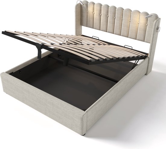 Merax Lit Double Rembourré 160x200 cm Comprenant Matras Mousse Froide 7 Zone - Lit avec Lampe de Lecture et Fonction Recharge de Téléphone - Espace de Rangement Hydraulique - Beige