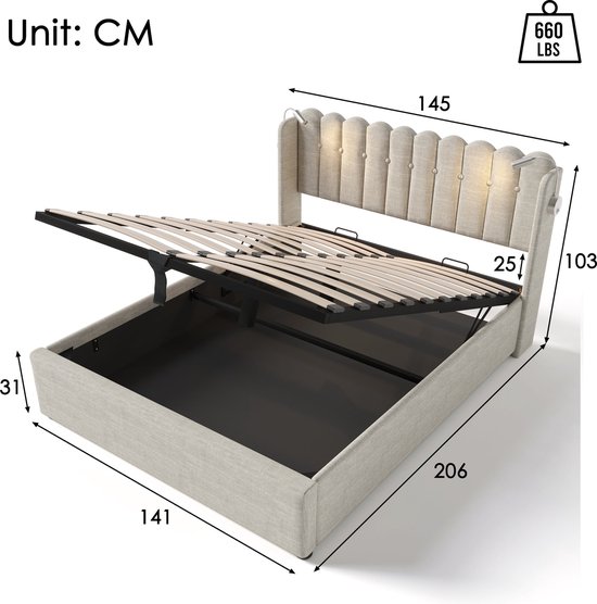 Merax Lit Double Rembourré 160x200 cm Comprenant Matras Mousse Froide 7 Zone - Lit avec Lampe de Lecture et Fonction Recharge de Téléphone - Espace de Rangement Hydraulique - Beige