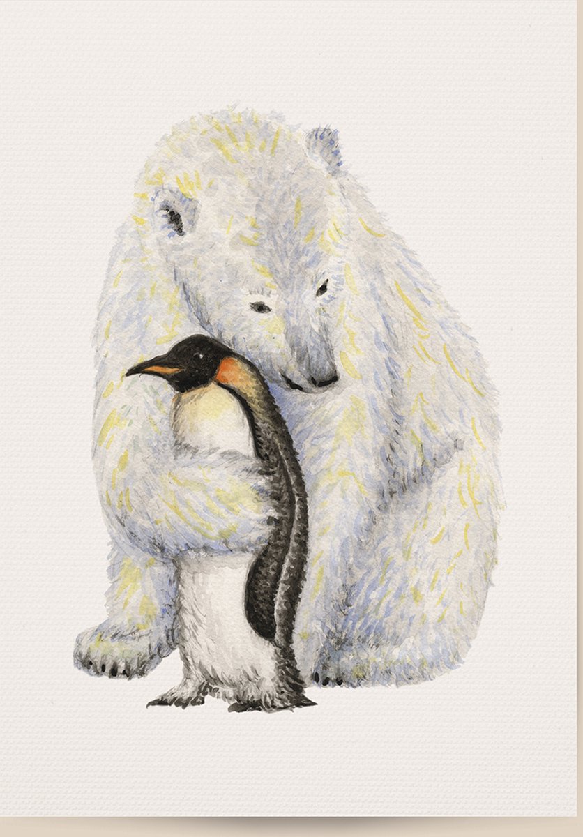 World of Mies poster ijsbeer en pinguïn - A4 - mooi dik papier - Snel verzonden! - winterdieren - dieren in aquarel - geschilderd door Mies