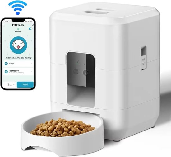 Automatische voedingsbak - Met app - 2L inhoud - LCD display - 1 tot 4 maaltijden per dag - Wifi - Timer - Huisdieren - Katten - Honden - Wit -