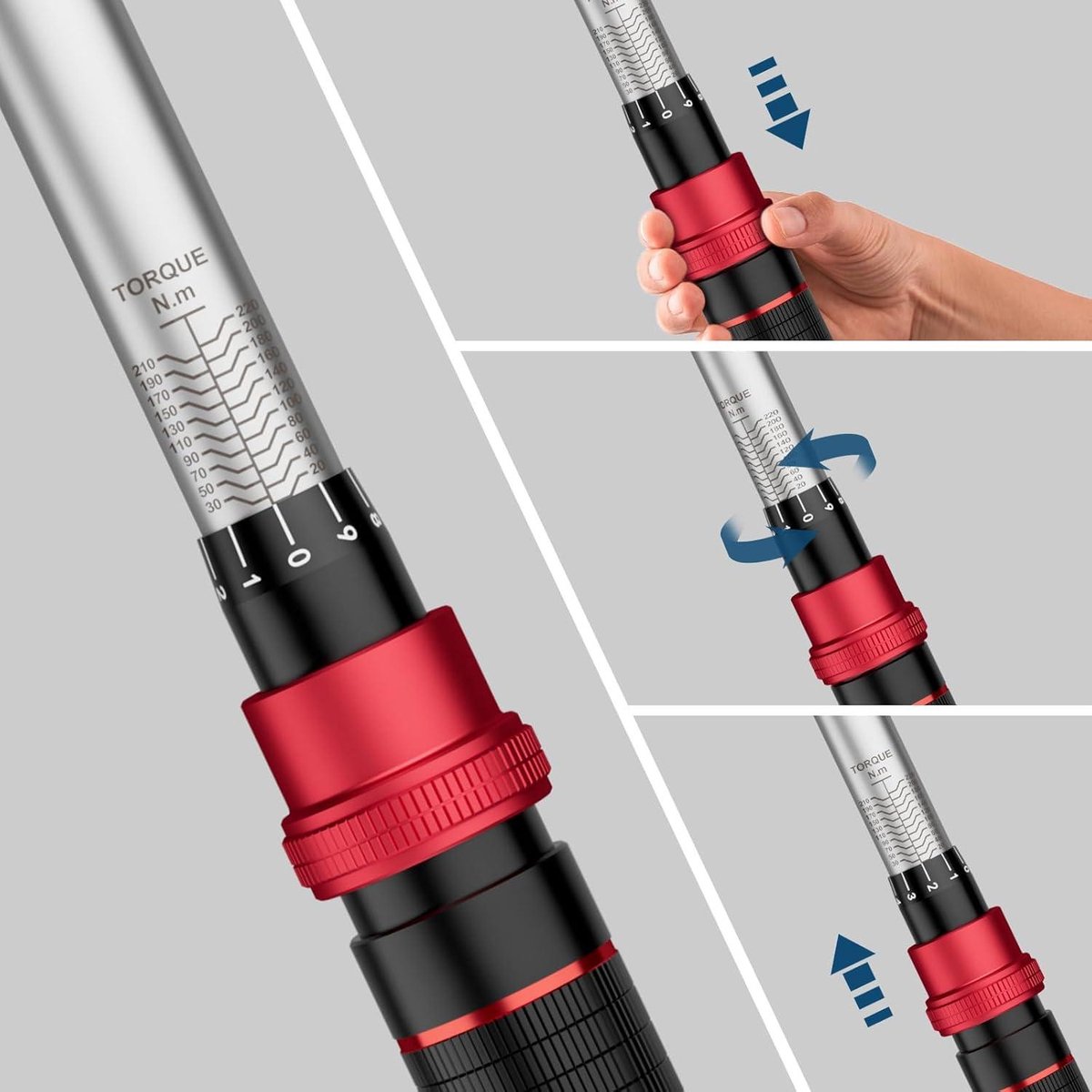 UYECOVE Momentomsleutel 1/2 inch, 20-220Nm draaimomentset voor auto's, 6- delig, 1/2 naar 3/8 adapter met 125 mm verlengstang Torque Wrench Set UYECOVE Momentomsleutel 1/2 inch, 20-220Nm draaimomentset voor auto's, 6- delig, 1/2 naar 3/8 adapter met 125 mm verlengstang Torque Wrench Set