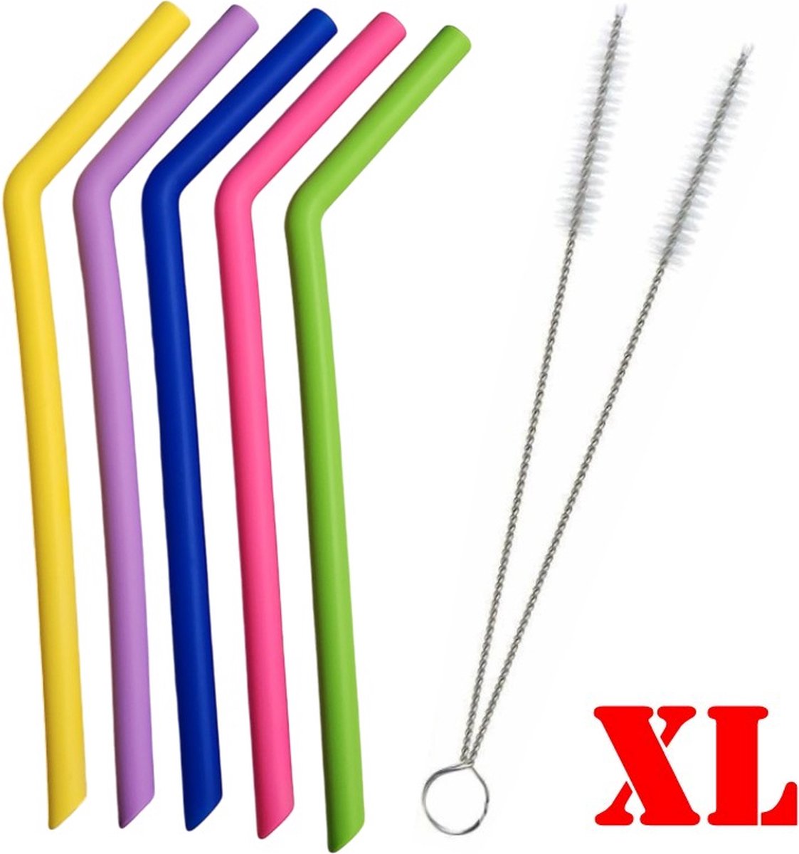 Fako Bijoux Siliconen Rietjes Set XL 5 Herbruikbare Rietjes 25 cm 11mm Duurzaam en Hygiënisch 2 Schoonmaakborstels Gebogen Mix