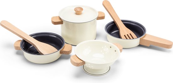 New Classic Toys® Metalen Pannenset Wit - 7-delige Set met Vergiet en Houten Kookgerei - Speelgoed Keukenset - Speelgoedkeuken Accessoires voor Kinderen - Rollenspel Keukenspeelgoed - Vanaf 24 Maanden