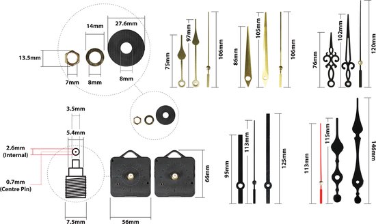 7 sets quartz uurwerk, korte as klokmechanismen, stil, met wijzers