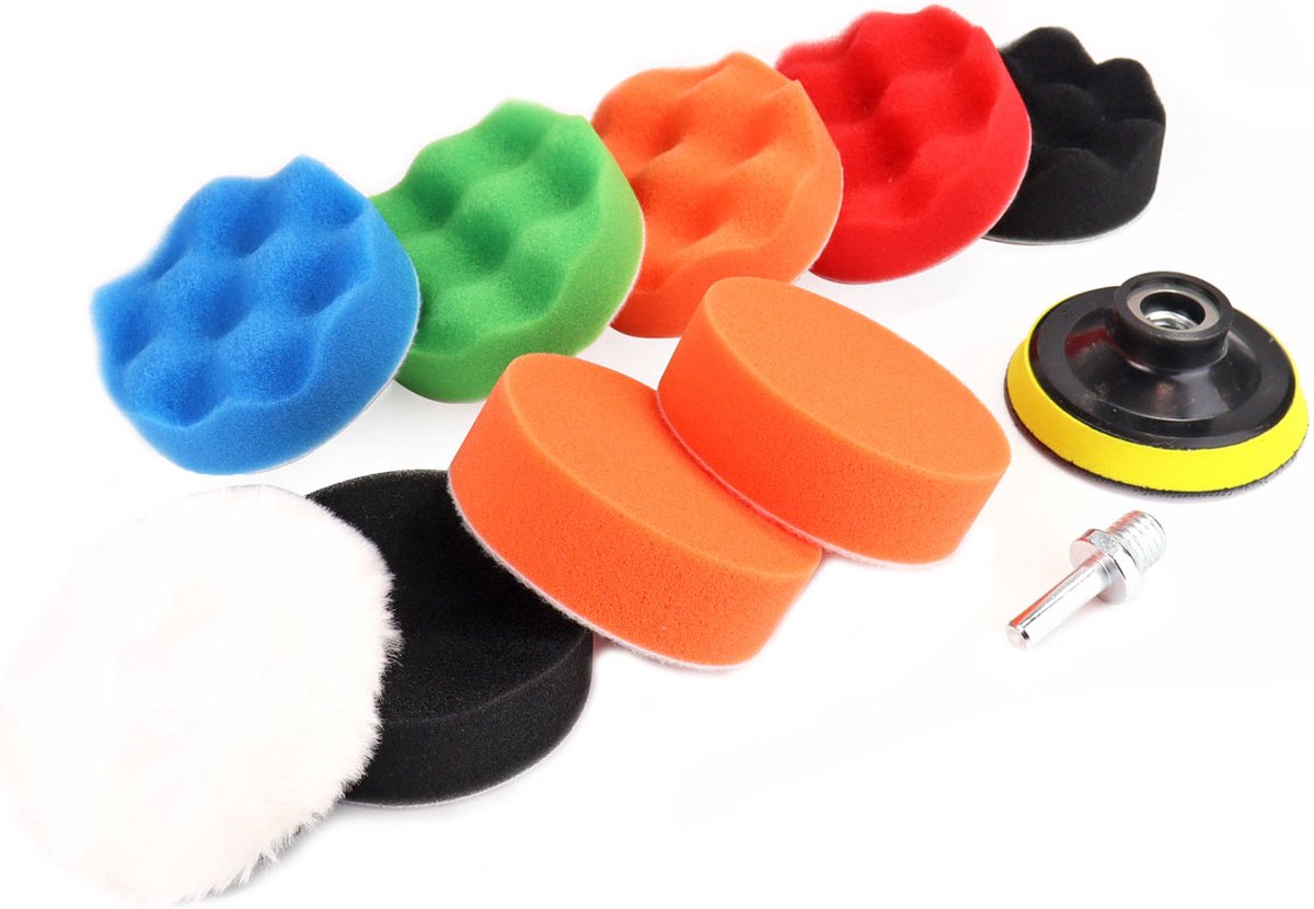 AMiO Auto Polijst Schuimborstels voor Boormachine (11 delig) M14 (80mm) Blauw-Groen-Oranje-Rood-Zwart