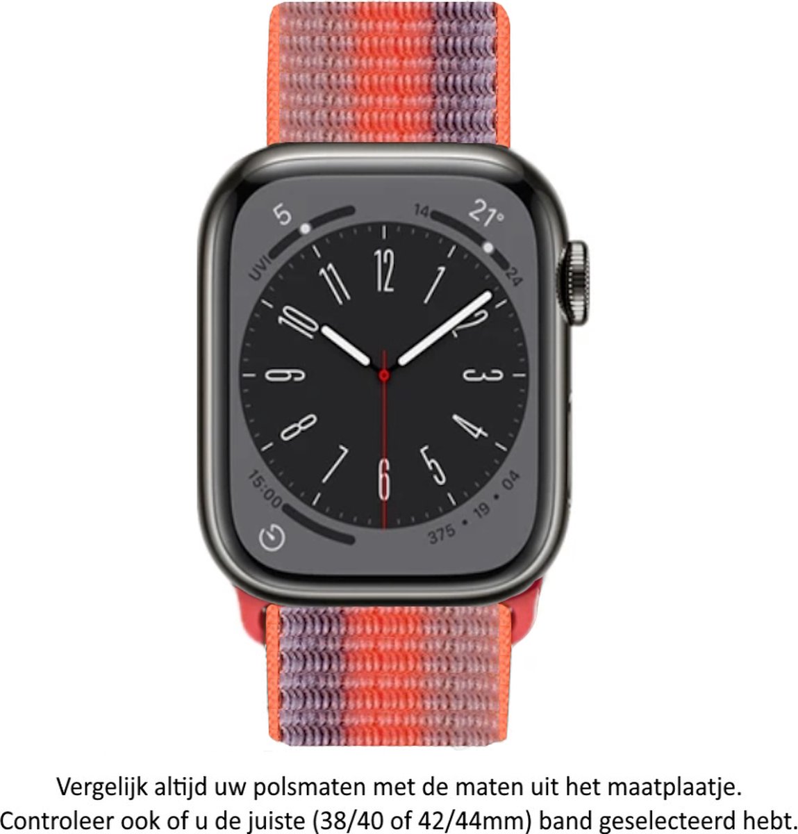 Oranje / Rood / Grijs Gestreepte Nylon Horloge Band geschikt voor Apple Watch 1, 2, 3, 4, 5, 6, 7, 8, 8, SE, 42mm, 44mm & 45mm "Mannenbreedte" Series - Maat: zie maatfoto - Zacht Geweven Nylon - 42 mm en 44 mm - Orange / Red / Grey