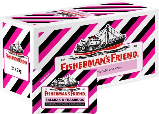Doos Fisherman's Friend met roze, zwarte en witte strepen. Bevat 24 zakjes van 25g suikervrije salmiak & framboos pastilles.