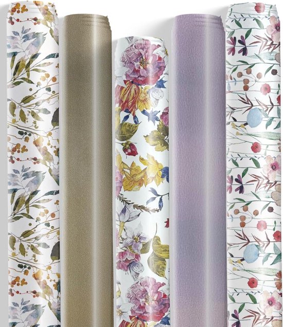 Pmueuff Cadeaupapier, set van 5 rollen, 43 cm x 3 m, cadeaupapier, voor