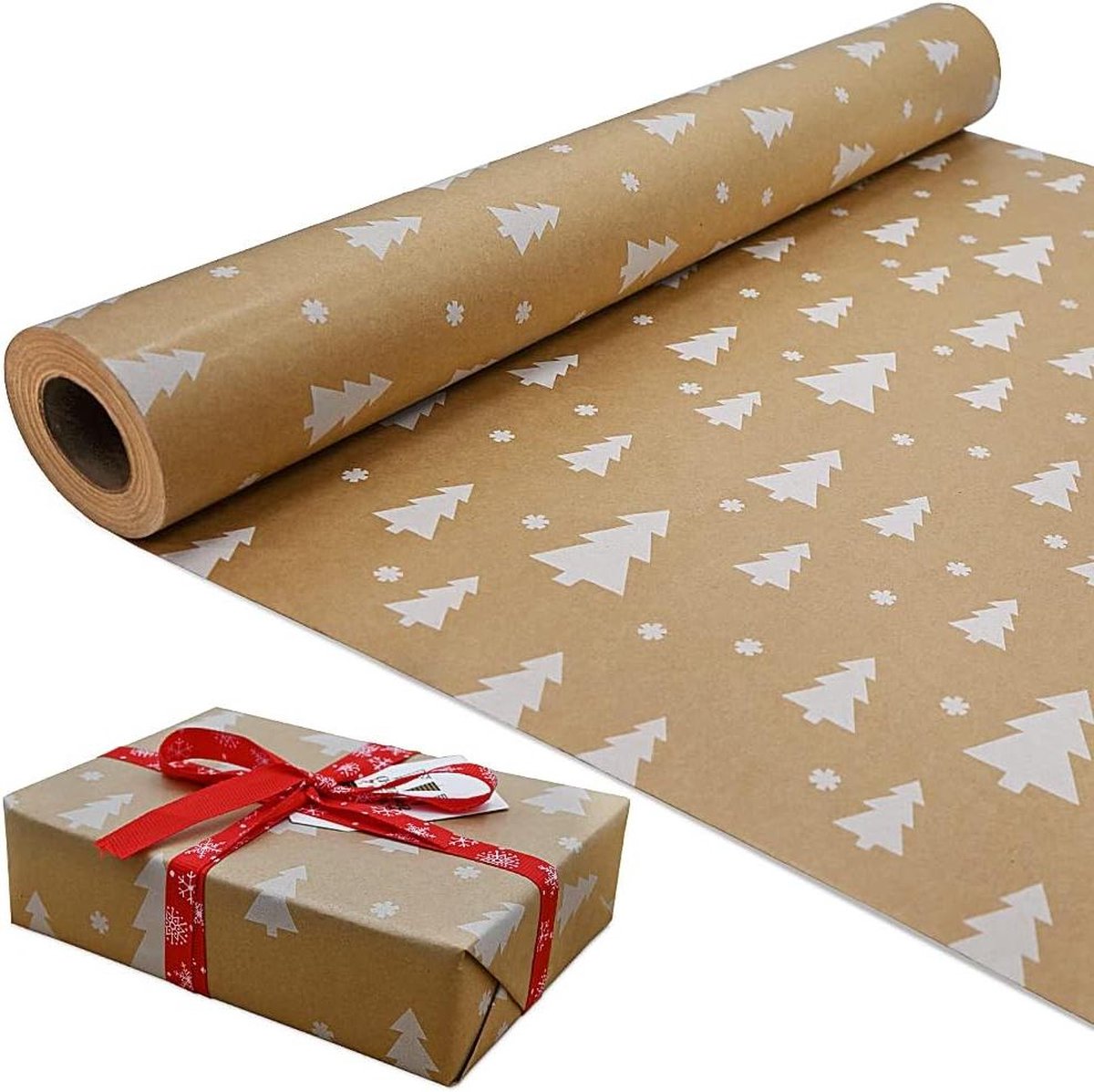 Pakket inpakpapier kraftpapier rol 43 cm x 15 m - kerstboom patroon - recyclebaar - feestdecoratie
