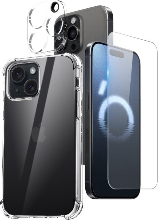 Coque en silicone antichoc transparente avec 1 Glas de protection d'écran et 1 protection lens d'appareil photo Convient pour : iPhone 15 Pro