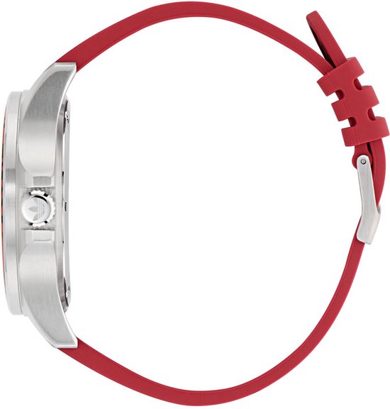Zijaanzicht van een rood horloge met zilverkleurige kast en rode siliconen band.