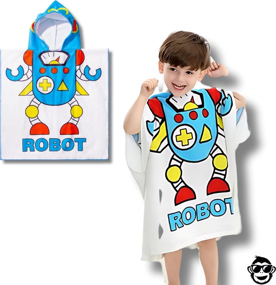 BoefieBoef Kinder Badponcho - Baby Badcape - Microfiber Kleuter Badjas Met Capuchon - Kerst Cadeau - Peuter Strandponcho Voor Kinderen tot 6 jaar - 60x90cm - Robot Wit - jongens - meisje - Peuter - Zomer - Strandlaken - Surfponcho - Dreumes van BoefieBoef — afbeelding 4