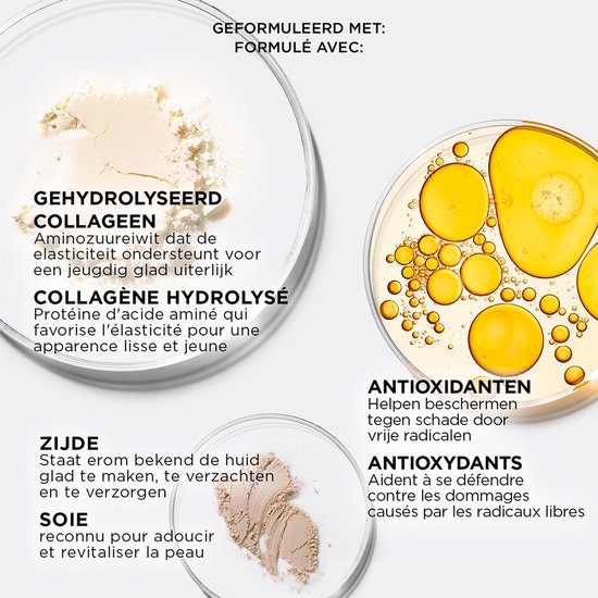 Petrischalen met ingrediënten: gehydrolyseerde collageenpoeder, zijdepoeder en olien.
