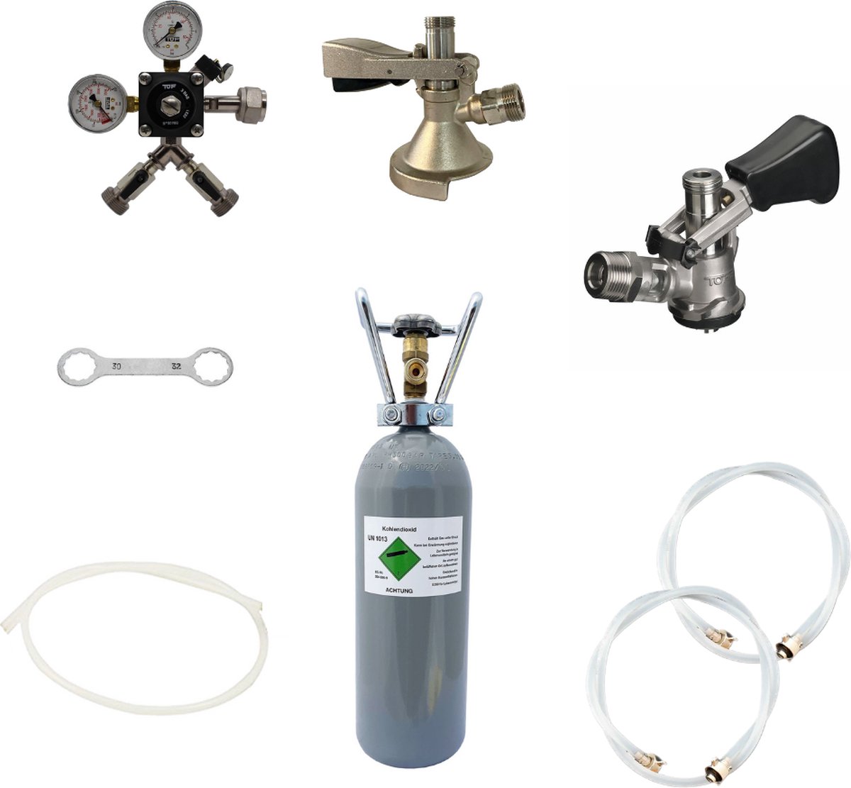 Accessoirepakket voor biertap 2-kraans - met Fustkoppeling Type A, Type D en CO2-fles 2kg