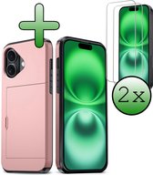 Hoes Geschikt voor iPhone 16 Plus Hoesje Hard Case Met Pas Houder Met 2x Screenprotector - Hoesje Geschikt voor iPhone 16 Plus Hoes Shockproof Hard Cover Met Kaarthouder - Rosé goud
