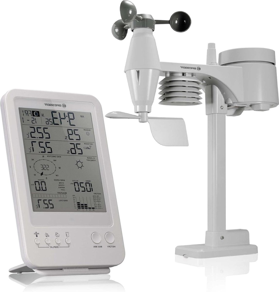 Regenmeter draadloos weerstation met buitensensor 5-in-1 (55 inch display buitensensor voor temperatuur luchtvochtigheid luchtdruk windsnelheid windrichting en regenmeter) wit