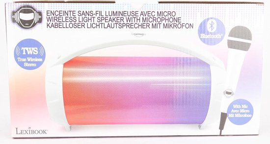 Lexibook, iParty, Portable Bluetooth Speaker with Microphone, Stereo, Light Effects, Wireless, Karaoke, FM Radio, USB, SD Card, Rechargeable Battery, White, BTP585Z