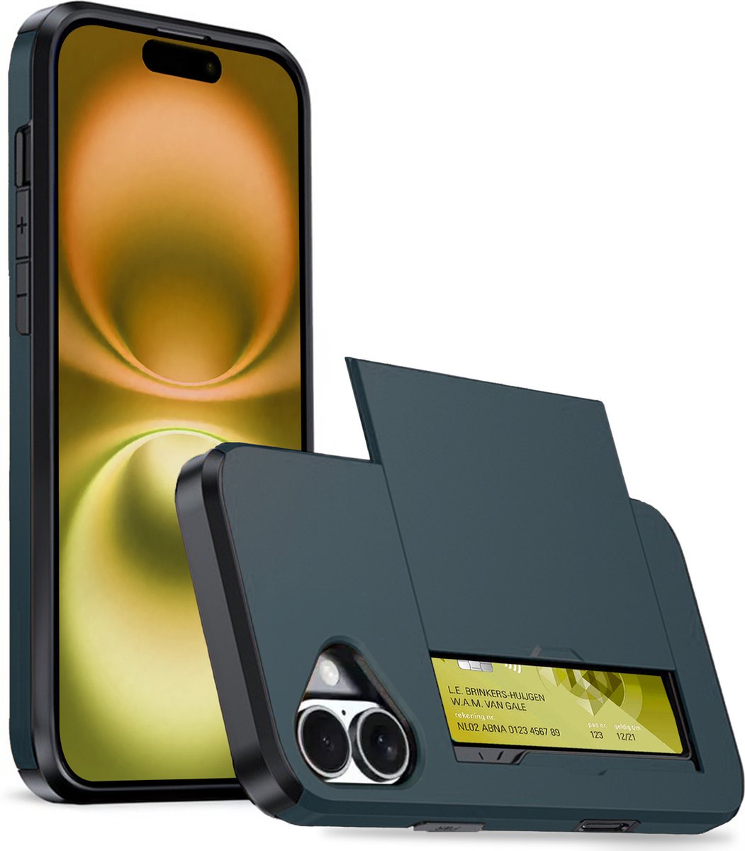 Hoesje Geschikt voor iPhone 16 Hoesje Case Pashouder Hard Cover - Hoes Geschikt voor iPhone 16 Hoesje Met Kaarthouder - Donkerblauw