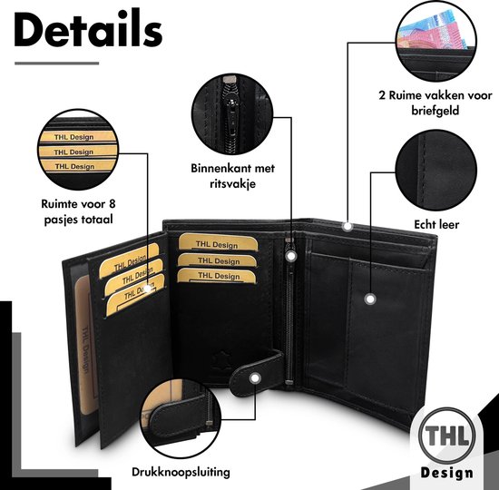 THL Design - Portefeuille Homme - Portefeuille Homme en Cuir - Billfold High - 12 Cartes - Zwart Véritable Cuir