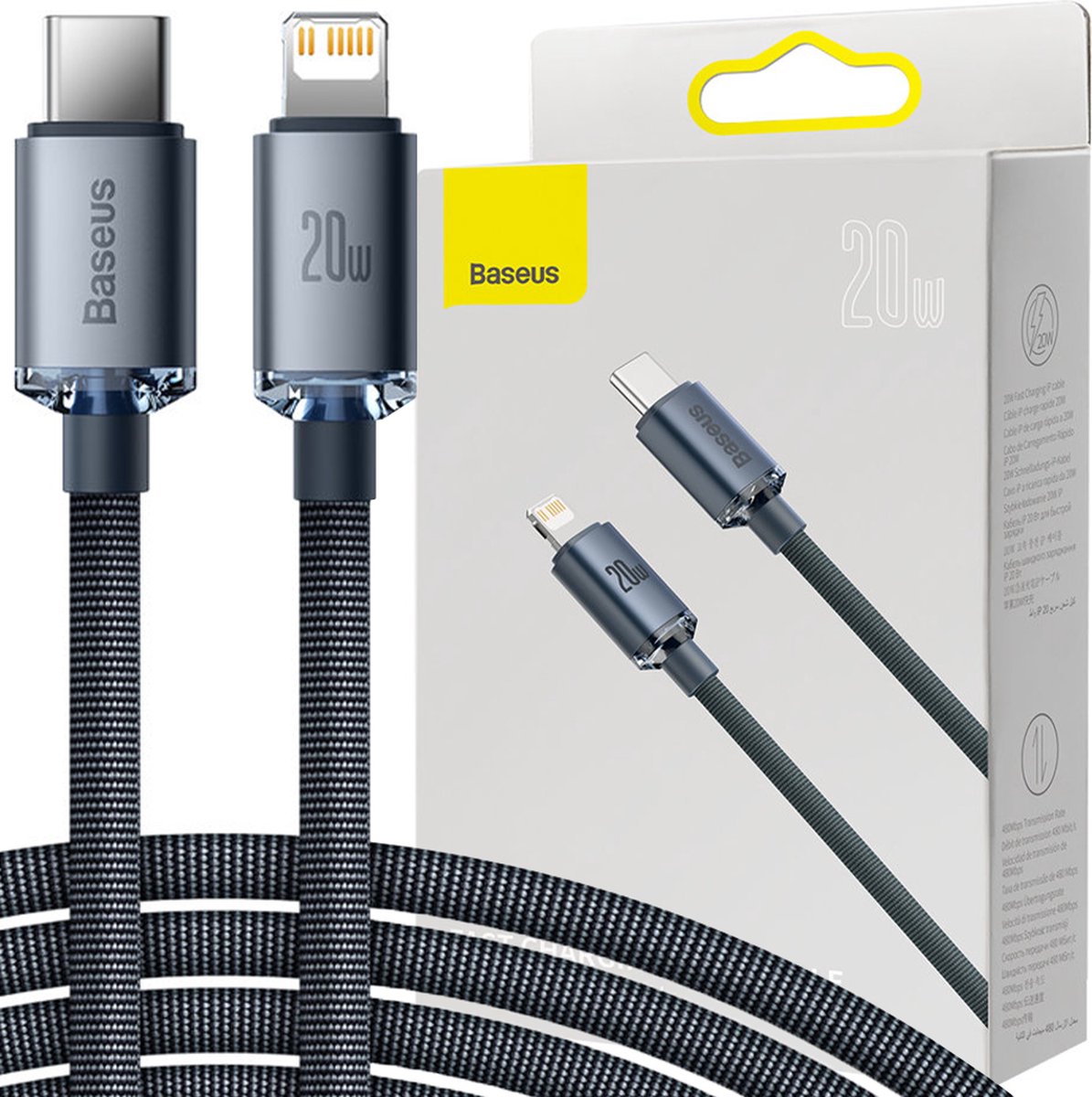 Image of Baseus - Crystal - Shine Series kabel USB-kabel voor snel opladen en gegevensoverdracht USB Type C - Voor Lightning 20W 2m zwart - (CAJY000301)