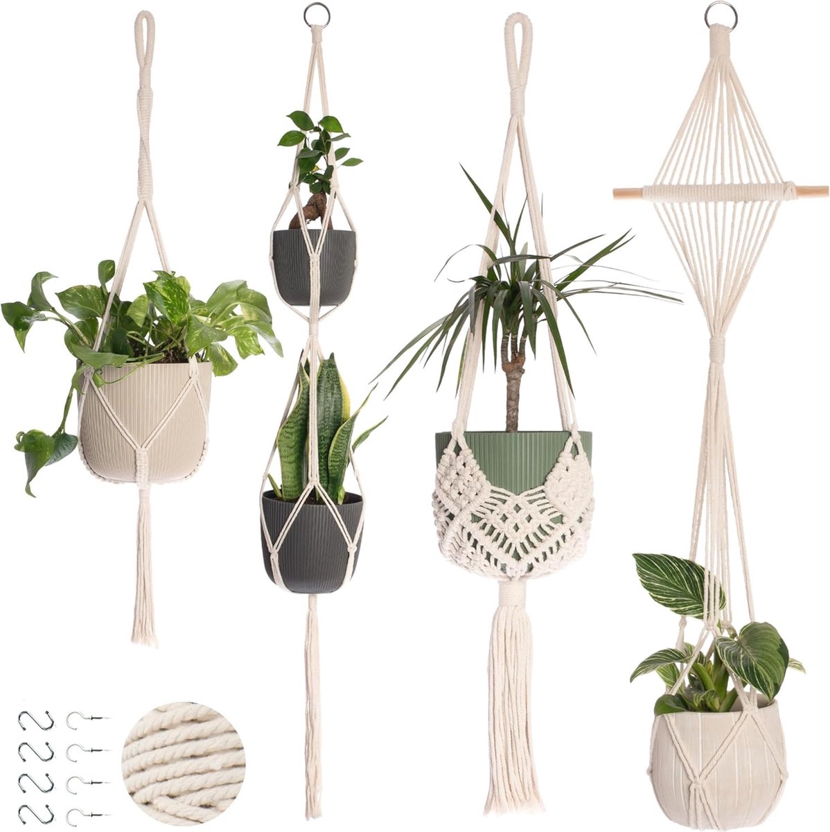 4 Stuks Luxe Macrame Plantenhangers - Boho Handgeweven Katoen Hangpot voor Binnen/Buiten - Hangende Bloempot met Kralen - Macramé Touw/Koord Hangplant Houder - Bohemian Wandhanger Decoratie - Plant Hanger - Verticale Tuin Bloempothouder Planthanger