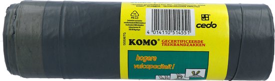 Rol grijze vuilniszakken van KOMO met trekband. 'Hogere vulcapaciteit'. Gemaakt van gerecycled plastic.