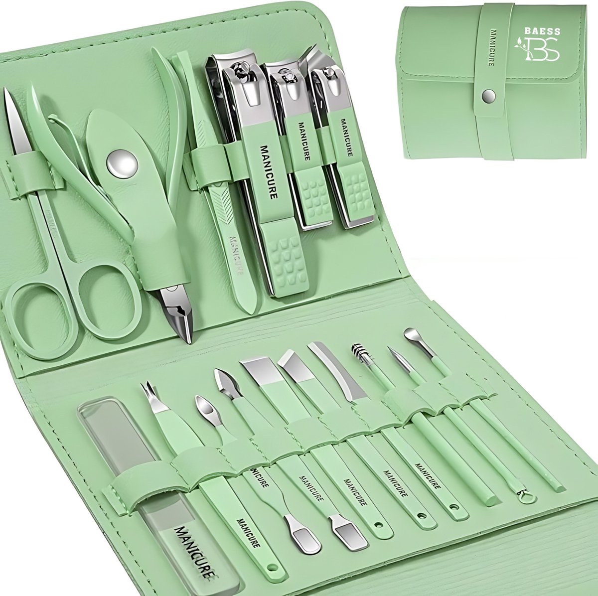 Goedkoopste 16-delige Pedicure en Manicure Set - 3 Nagelknippers - Pedicureset - Nagelvijl - Nageltang - Ingegroeide Teennagel - Groen