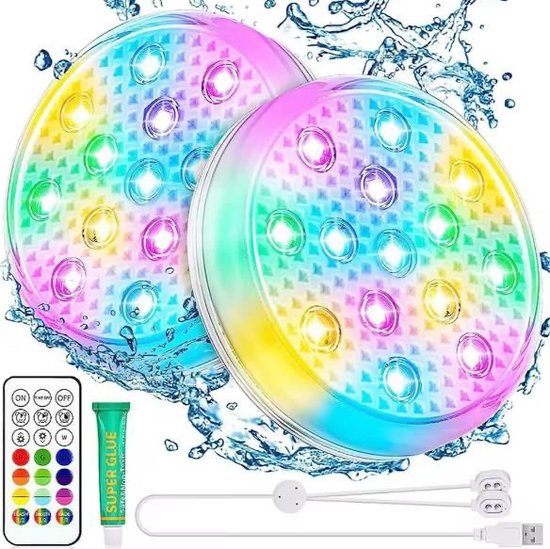 Actueell Zwembad Verlichting – Onderwater Lamp – Jacuzzi – LED – Waterproof – Afstandsbediening – 16 kleuren - 2 stuks - Draadloos - 2000mAh - Materiaal ABS fiber