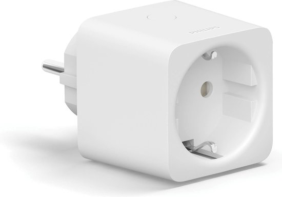 Witte Philips Hue slimme stekker, frontaal bekeken, met stekker en stopcontact aan de zijkant.