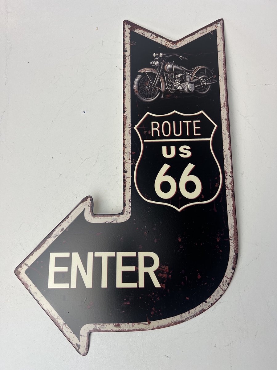 Metalen wandbord zwart met pijl "Route 66 Enter"