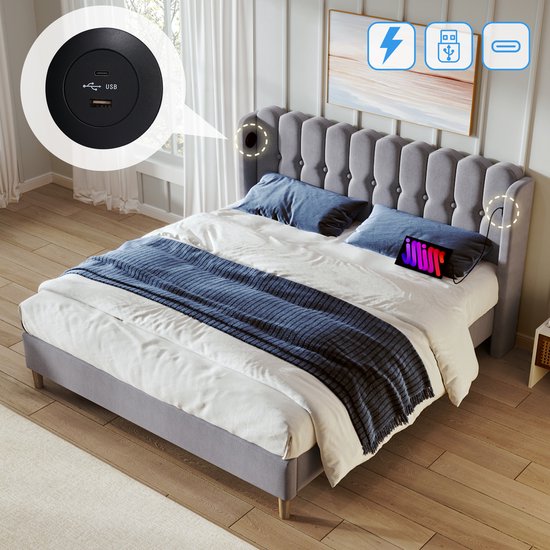 Sweiko Gestoffeerd bed Tweepersoonsbed met USB Type C Oplaadfunctie, Bedplaats met platte noedelsvoet, Grijs Gestoffeerd bed, 160 x 200 cm bedplaats Slaapkamer Jeugdbed Gastenkamer linnenmateriaal (geen matras)