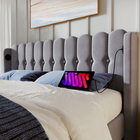 Sweiko Gestoffeerd bed Tweepersoonsbed met USB Type C Oplaadfunctie, Bedplaats met platte noedelsvoet, Grijs Gestoffeerd bed, 160 x 200 cm bedplaats Slaapkamer Jeugdbed Gastenkamer linnenmateriaal (geen matras)