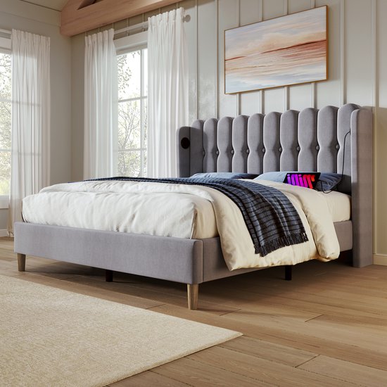 Sweiko Gestoffeerd bed Tweepersoonsbed met USB Type C Oplaadfunctie, Bedplaats met platte noedelsvoet, Grijs Gestoffeerd bed, 160 x 200 cm bedplaats Slaapkamer Jeugdbed Gastenkamer linnenmateriaal (geen matras)