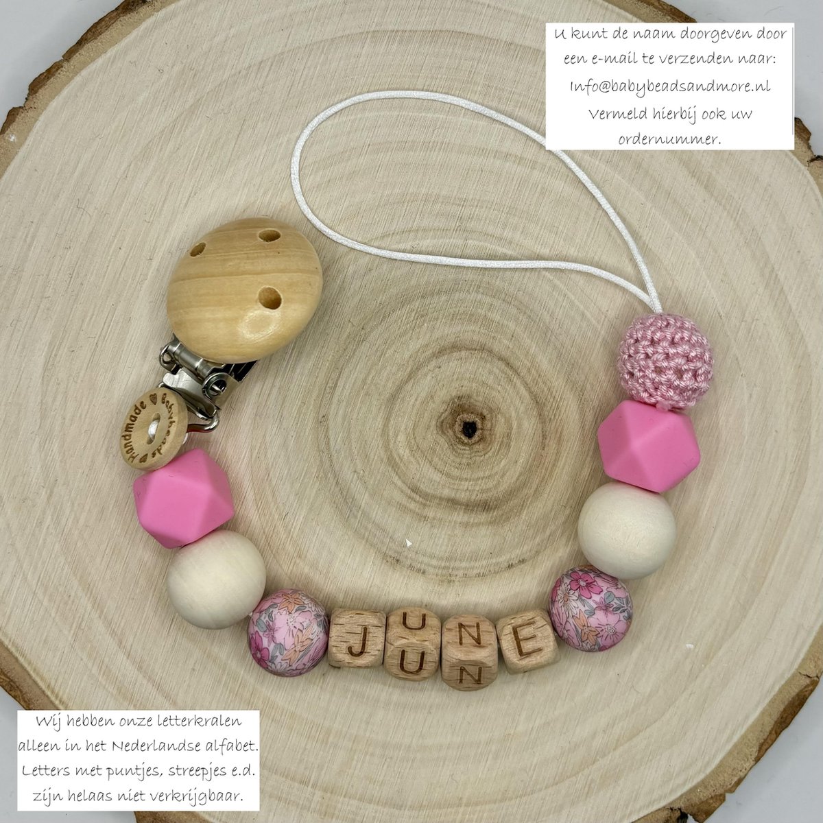 Goedkoopste Babybeads - Speenkoord met naam - Roze met bloemenkraal - Gepersonaliseerd kraamcadeau