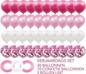 Set van 40 ballonnen en 3 linten. 3 verschillende tinten roze ballonnen en 1 glinsterende. De linten zijn ook in 2 verschillende kleuren. Geweldig voor verjaardagsfeestjes, bruiloften of ande