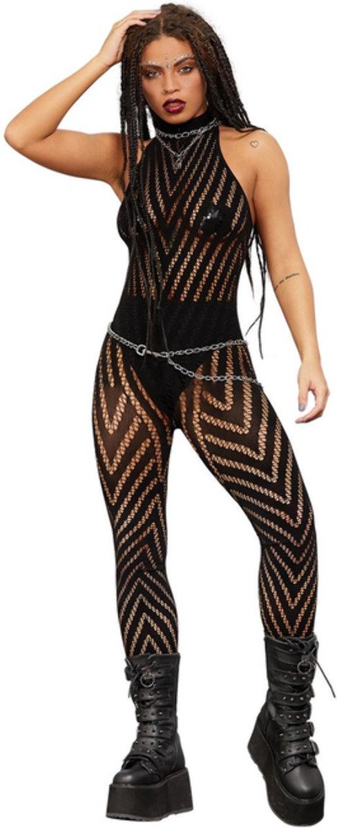 Goedkoopste Fever - Sleeveless V Striped Bodystocking - Zwart