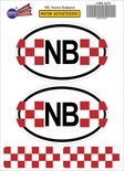 Set van 2 ovale stickers "NB Noord Brabant" met rode en witte schaakbordrand. Onderzetters met schaakbordmotief.
