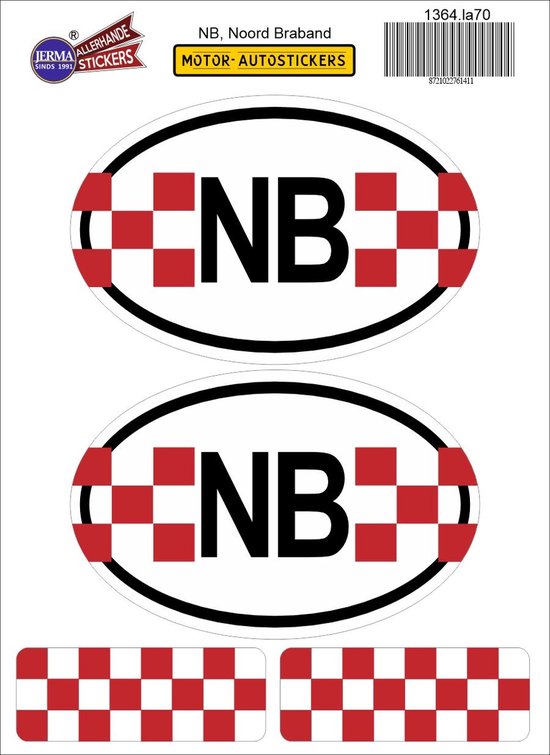 Set van 2 ovale stickers "NB Noord Brabant" met rode en witte schaakbordrand. Onderzetters met schaakbordmotief.