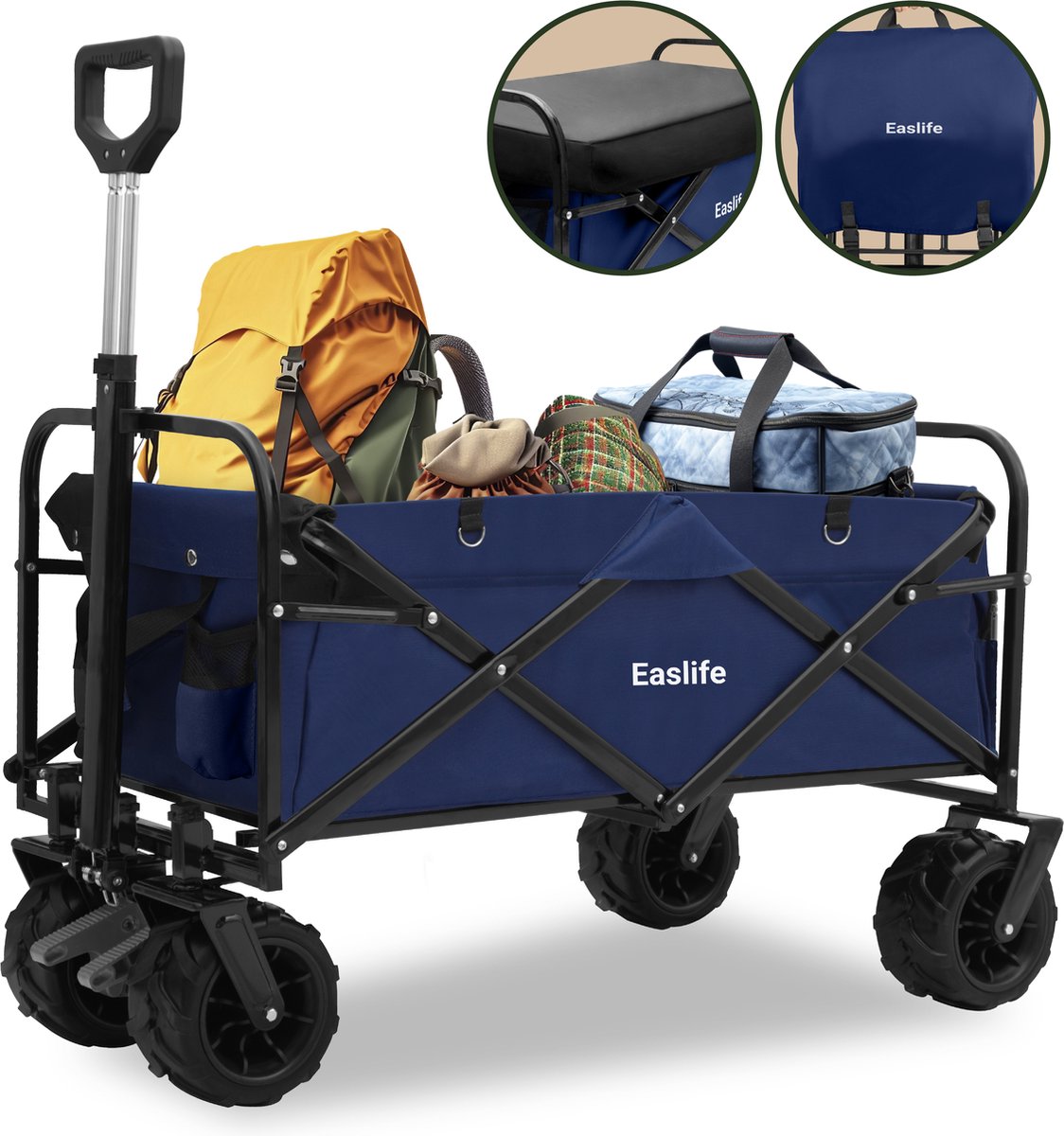 EasLife - Bolderkar - Opvouwbaar - Bolderwagen - met Regen Hoes - Inclusief Veiligheidsriem - Opbergvakjes - tot 80KG - 94L - Wasbaar Polyester - 98x45cm - Blauw
