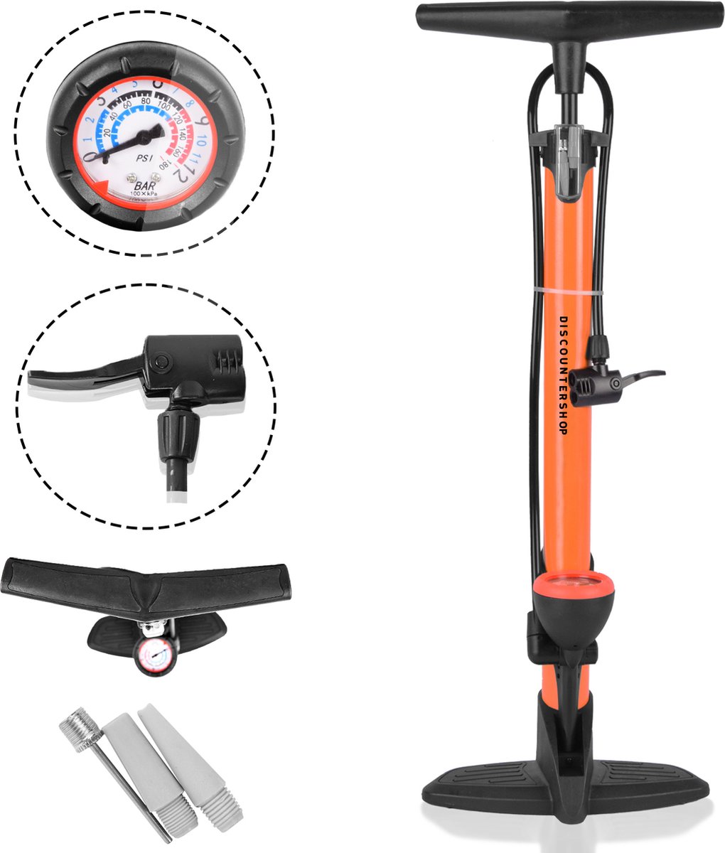 Fietspomp met drukmeter 12 Bar Inclusief Adapters Voor Verschillende Ventielen Bike Pump FietsPomp - Staande fietspomp - Oranje