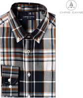 Chris Cayne overhemd met lange mouw in donkerblauw, bruin en offwhite ruitenpatroon. Met borstzak en witte knopen.