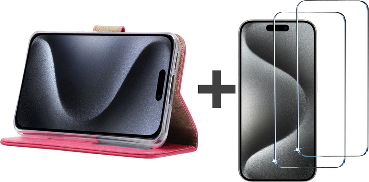 BixB hoesje met 2 stuks Screenprotectors Geschikt voor iPhone 15 Pro Max – bookcase met pasjeshouder - Roze