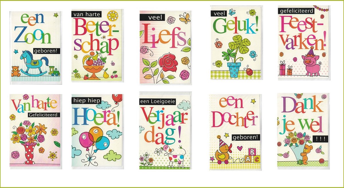 Wenskaarten - 10 stuks - 10 Luxe wenskaarten - Assorti - Everyday assorti - Wenskaarten voor kantoor - Felicitatie - Beterschap - Geboorte - Van harte gefeliciteerd - Veel geluk - enveloppe