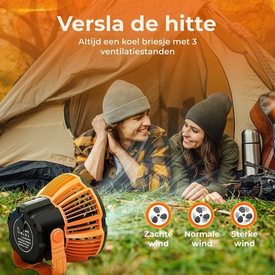 Kampeerventilator Met LED-licht – 20000 MAh, Stil (<30 DB), 270° Draaibaar, Oplaadbaar Via USB-C, Met Powerbank-functie, Oranje