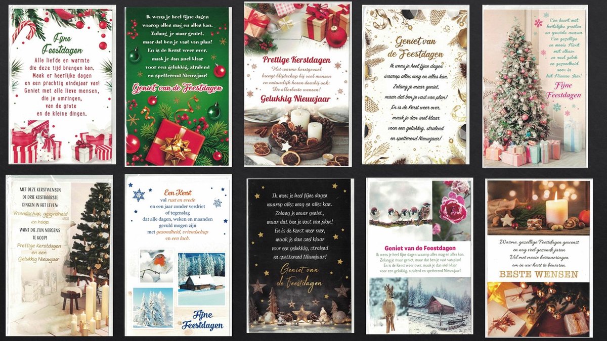 Kerstkaarten - Wenskaart - Fijne feestdagen - Geniet van de feestdagen - Kerstkaarten met tekst - set van 10 - Bijzondere teksten voor warme feestdagen - Waardevolle kerstwensen