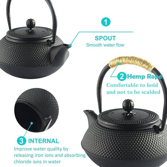 AD.CON Theepot van gietijzer, 1,5 l, zwart, Japanse met roestvrijstalen zeef, gietijzeren kan voor losse thee in Aziatische stijl, Zestaw Do Herbaty (theepot met stoofje (5-delig