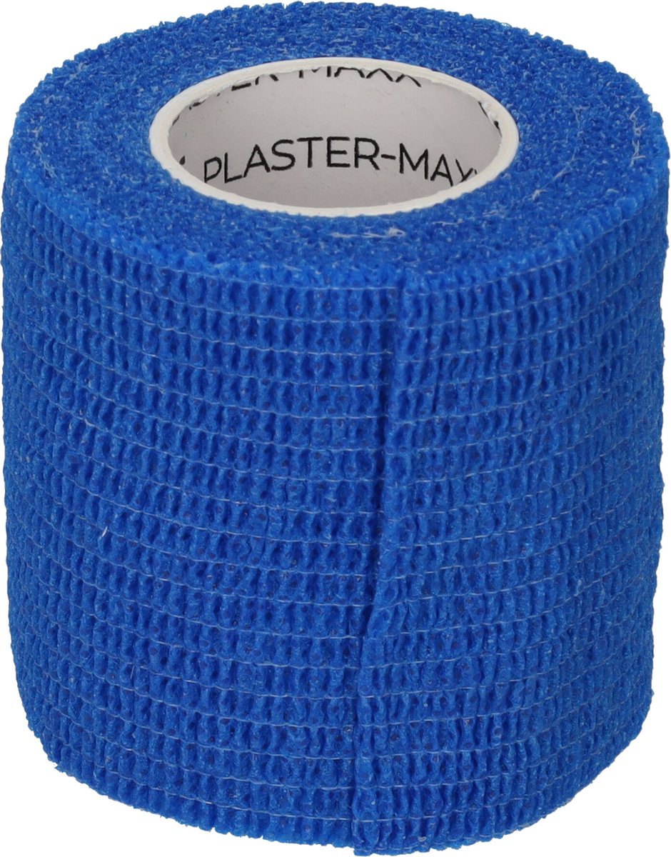 Goedkoopste Plastermaxx de hypoallergene elastische pleister ( blauw ) die werkt zonder lijm. Waterbestendig, rekbaar, anti allergisch, latex vrij, absorbeert bloed, afscheurbaar ( geen schaar nodig ) lengte 450cm x breedte 5,0cm, handig voor thuis of op reis